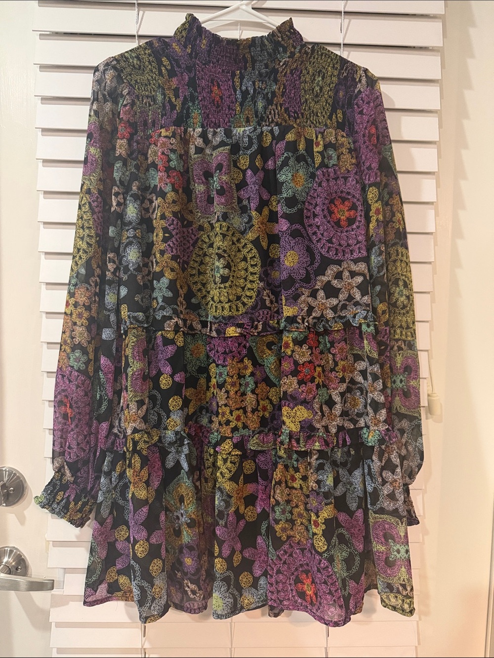 NWT - Fate Multicolor Floral Crochet-Print Long Sleeve Dress - Black Base